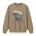 Vintage Wisconsin State Graphic Crewneck Sweatshirt in Khaki, front view on a white background