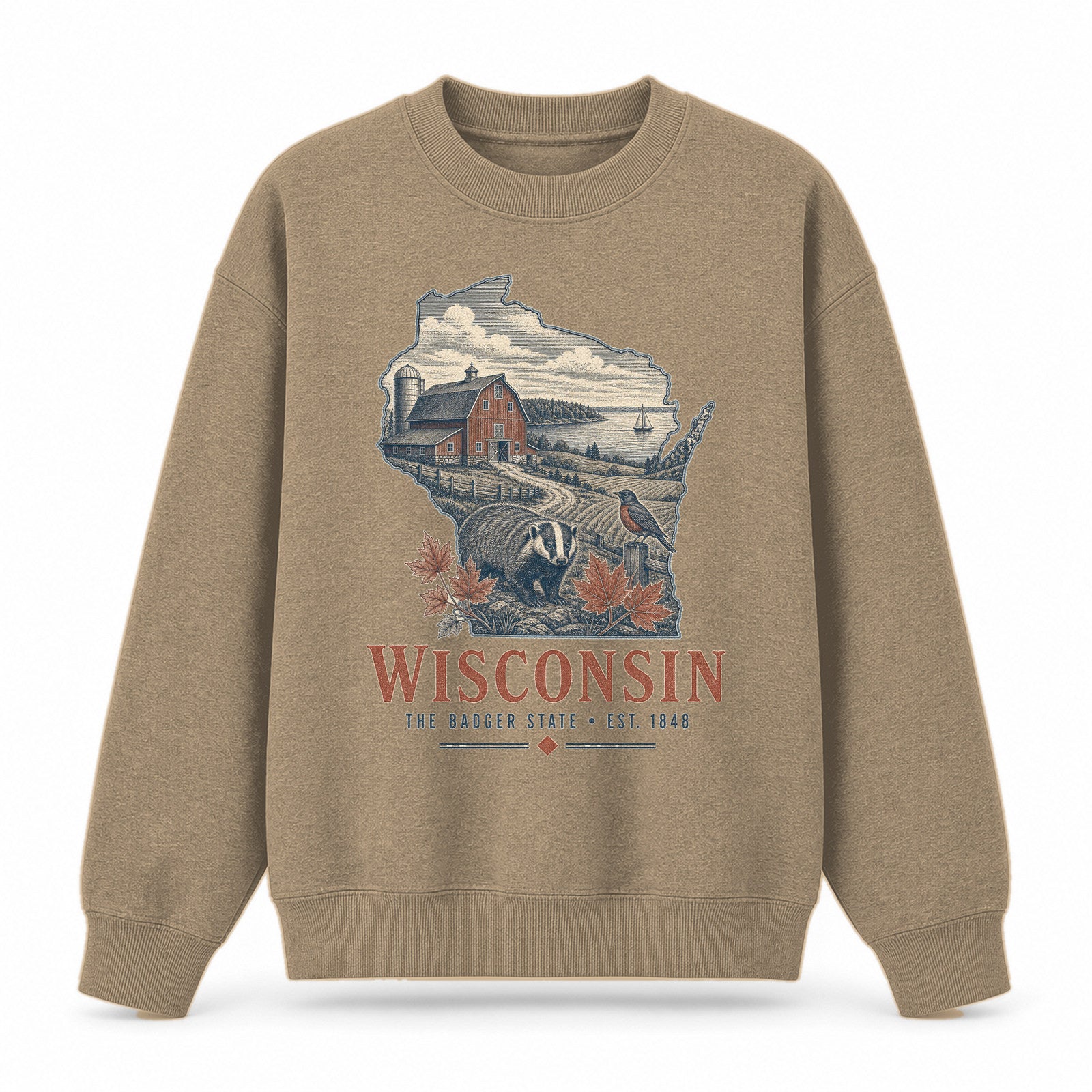 Vintage Wisconsin State Graphic Crewneck Sweatshirt in Khaki, front view on a white background