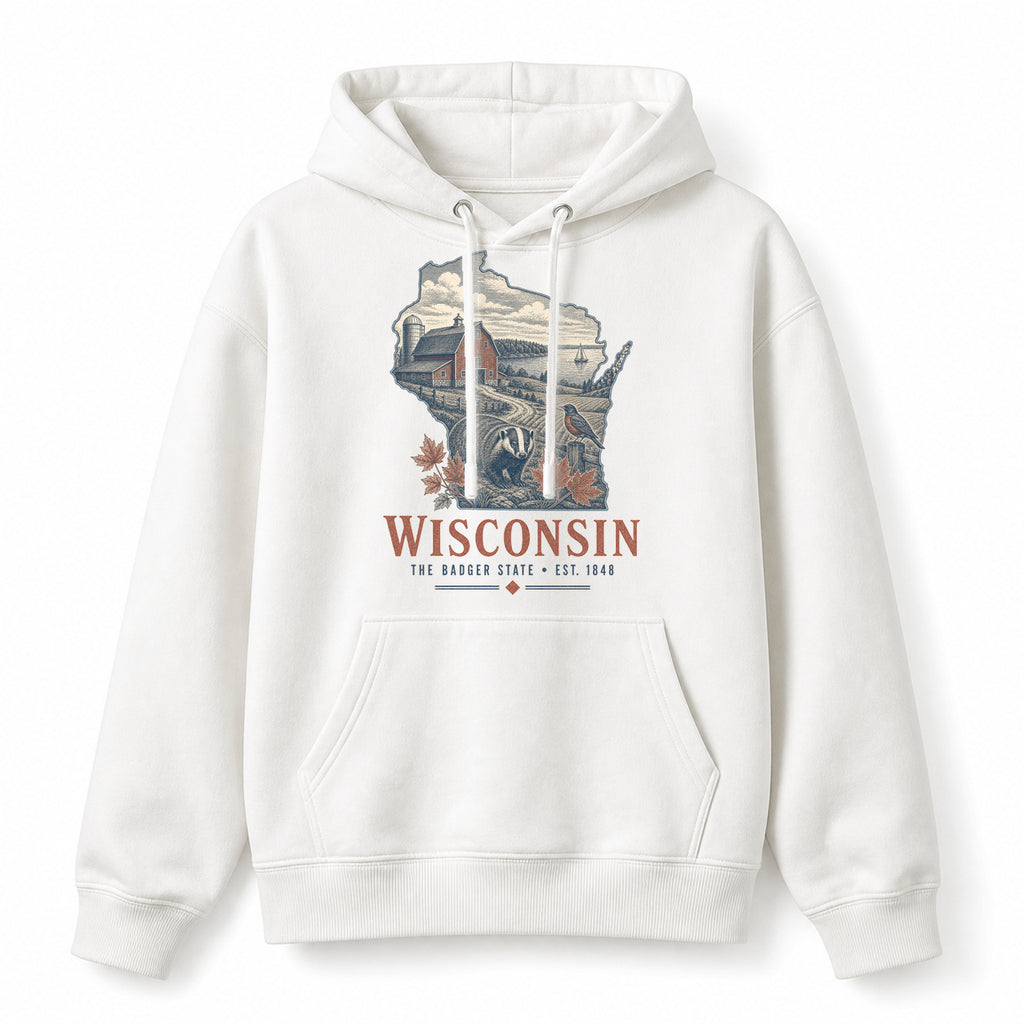Vintage Wisconsin State Graphic Pullover Hoodie in White, front view on a white background