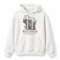 Vintage Wisconsin State Graphic Pullover Hoodie in White, front view on a white background