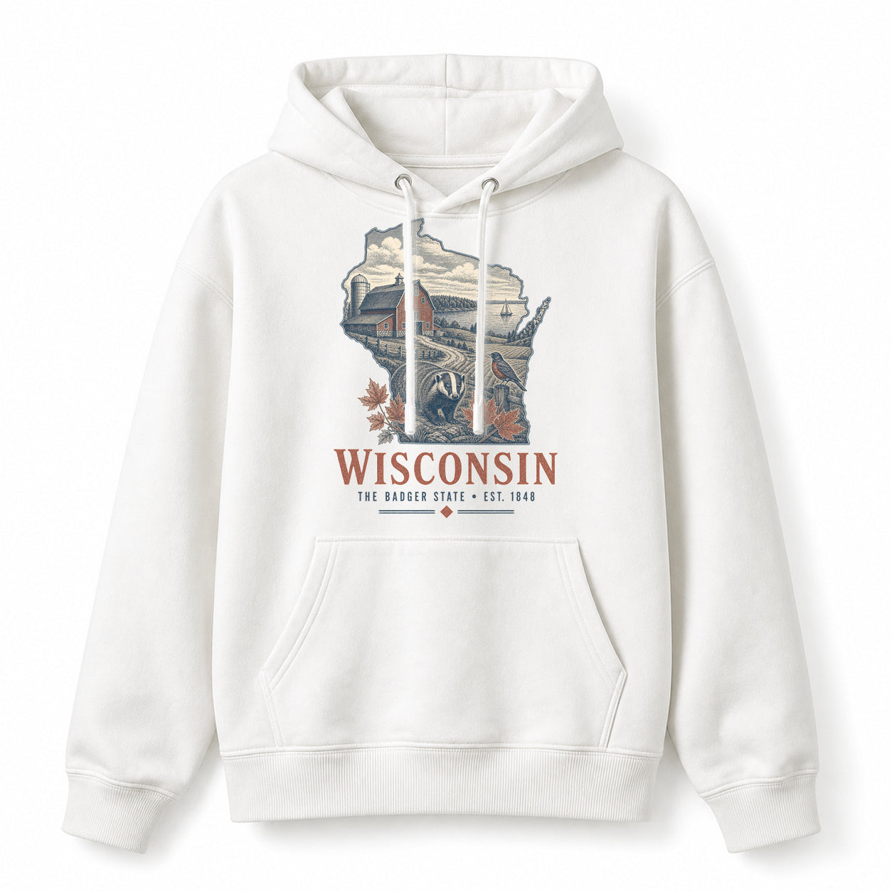 Vintage Wisconsin State Graphic Pullover Hoodie in White, front view on a white background