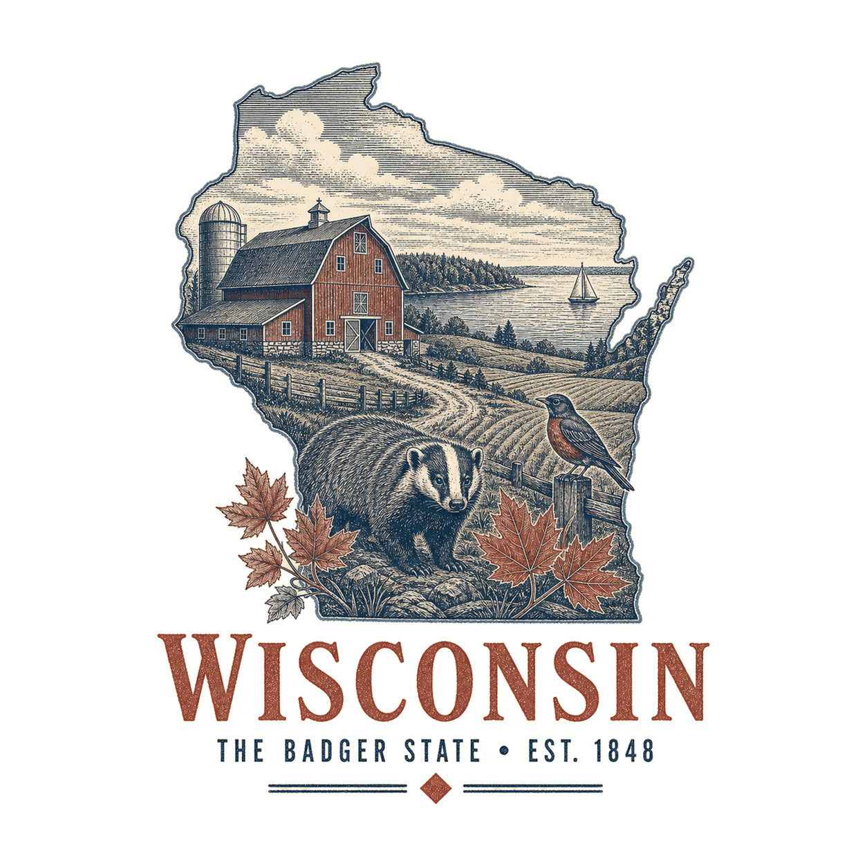 Wisconsin vintage state artwork on a white background