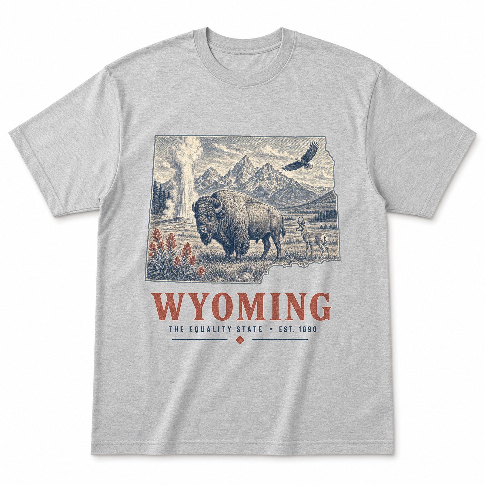 Vintage Wyoming State Graphic T-Shirt in Heather Gray, front view on a white background