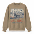 Vintage Wyoming State Graphic Crewneck Sweatshirt in Khaki, front view on a white background