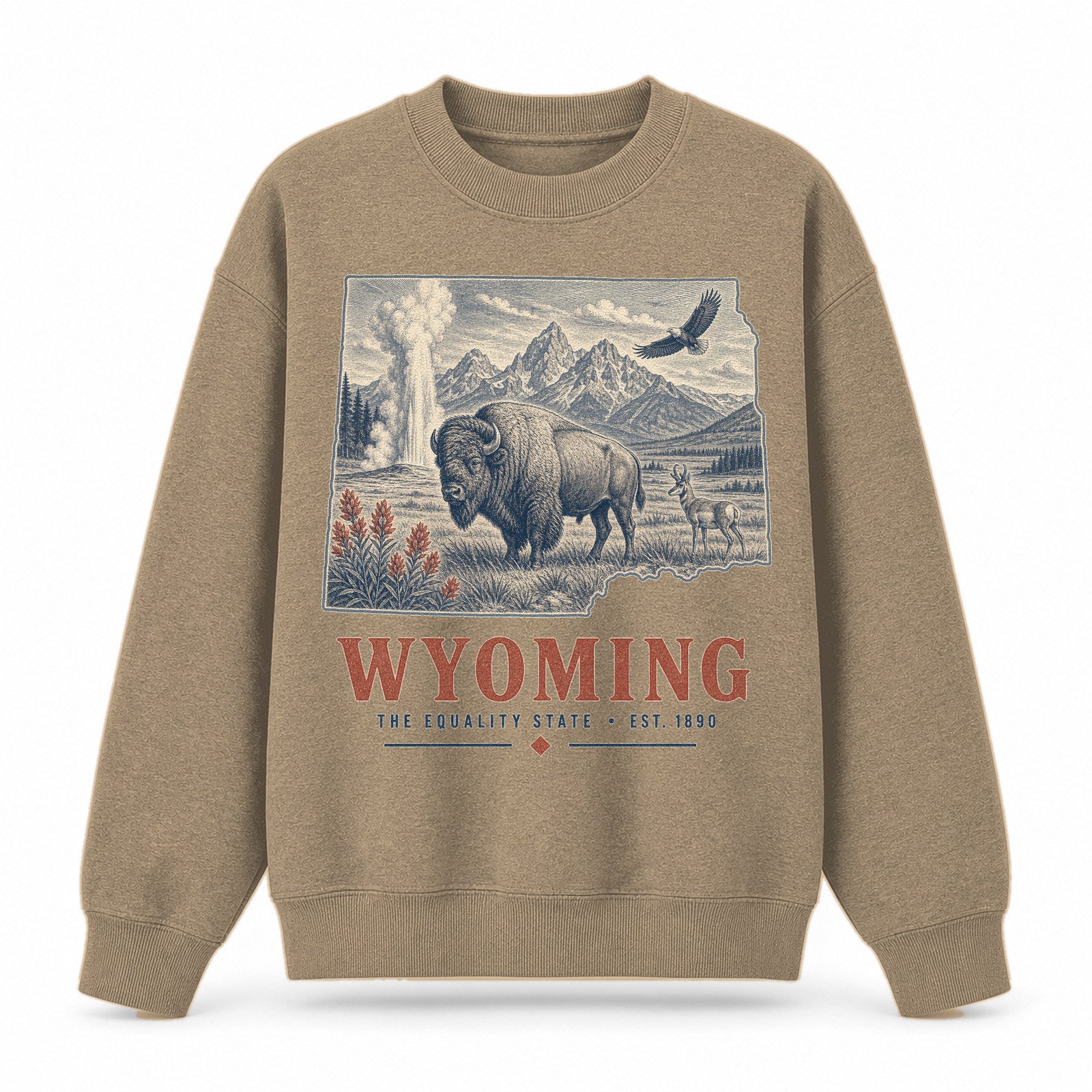 Vintage Wyoming State Graphic Crewneck Sweatshirt in Khaki, front view on a white background