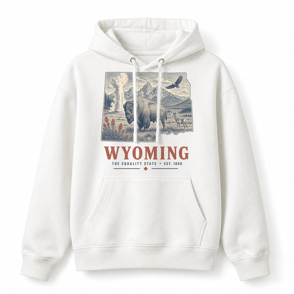 Vintage Wyoming State Graphic Pullover Hoodie in White, front view on a white background