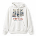 Vintage Wyoming State Graphic Pullover Hoodie in White, front view on a white background