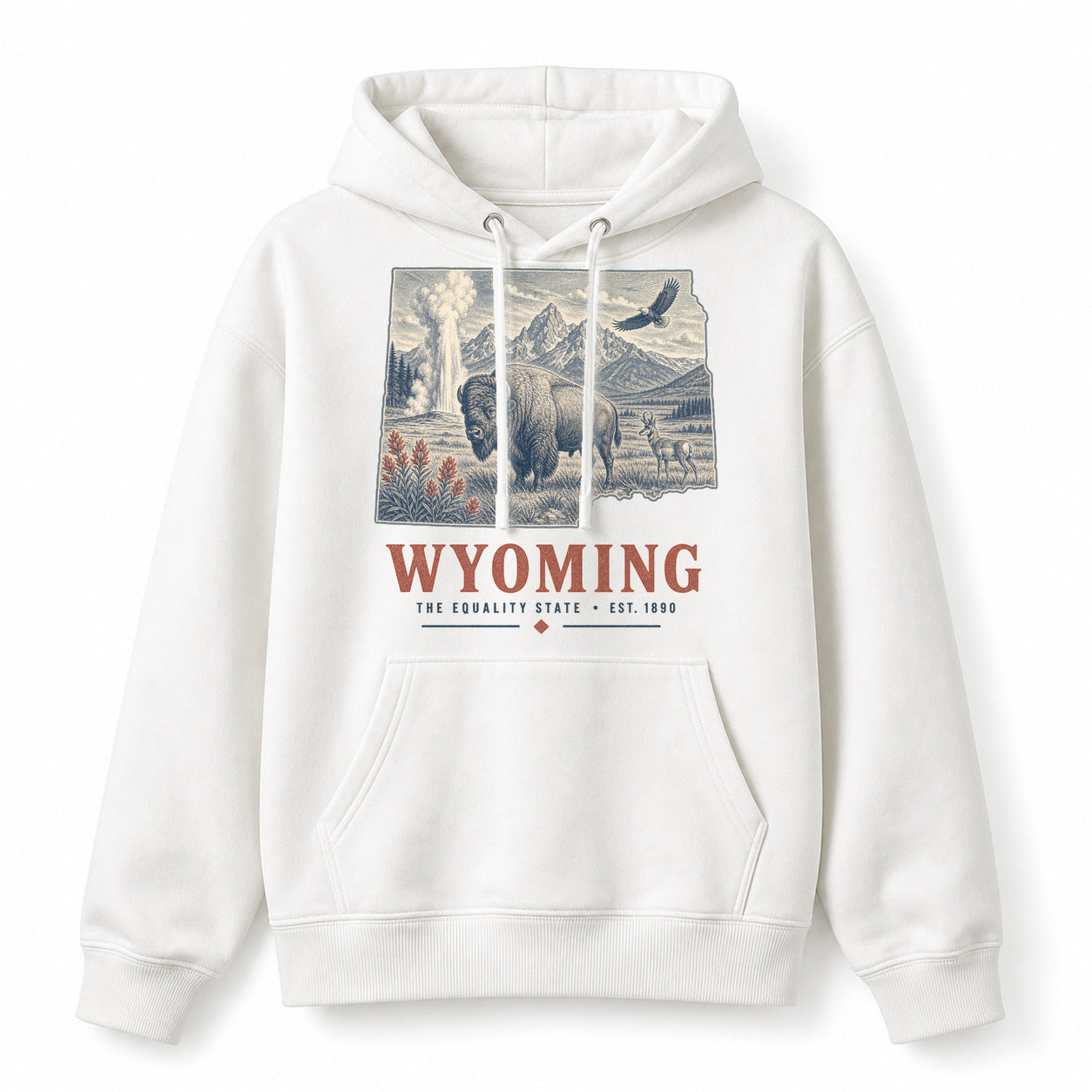 Vintage Wyoming State Graphic Pullover Hoodie in White, front view on a white background