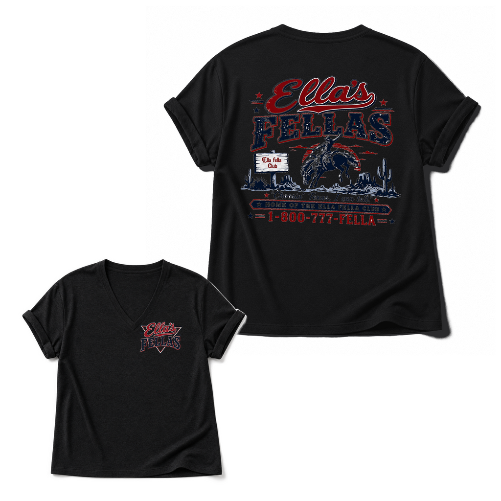 Ella's Fellas Texas Rodeo V-Neck Cotton Graphic T-Shirt in Black, front and back double-sided view