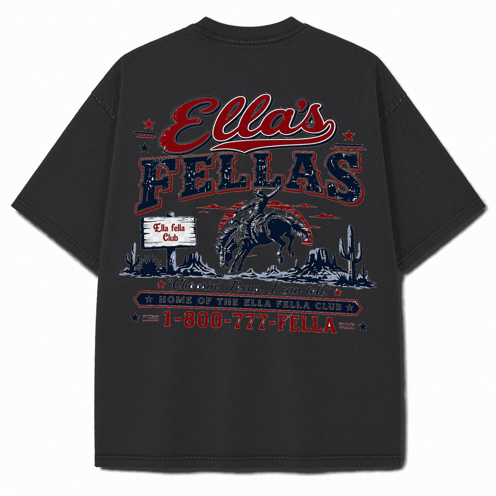 Ella's Fellas Texas Rodeo Vintage Washed Heavyweight Graphic Tee in Black, back view