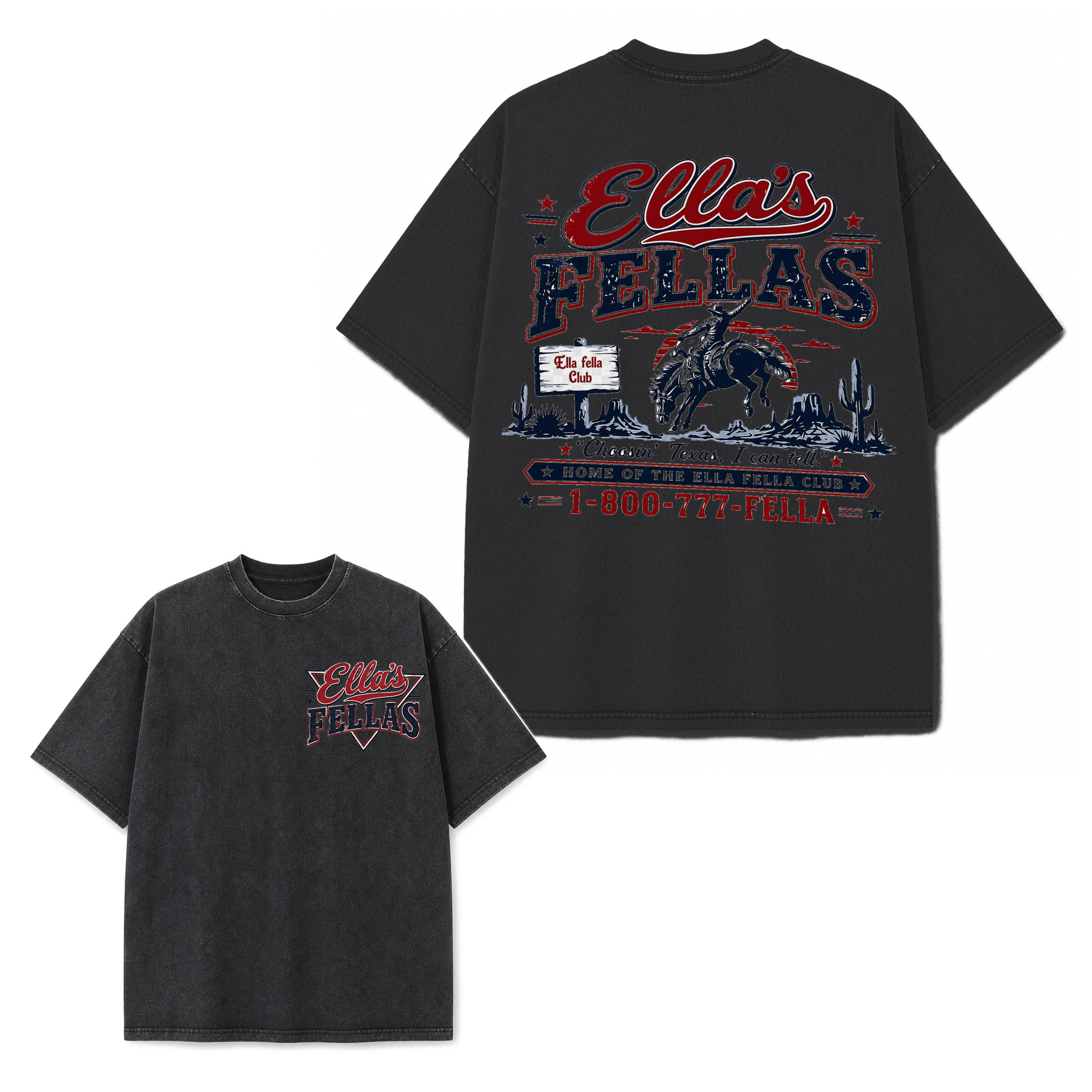 Ella's Fellas Texas Rodeo Vintage Washed Heavyweight Graphic Tee in Black, front and back double-sided view