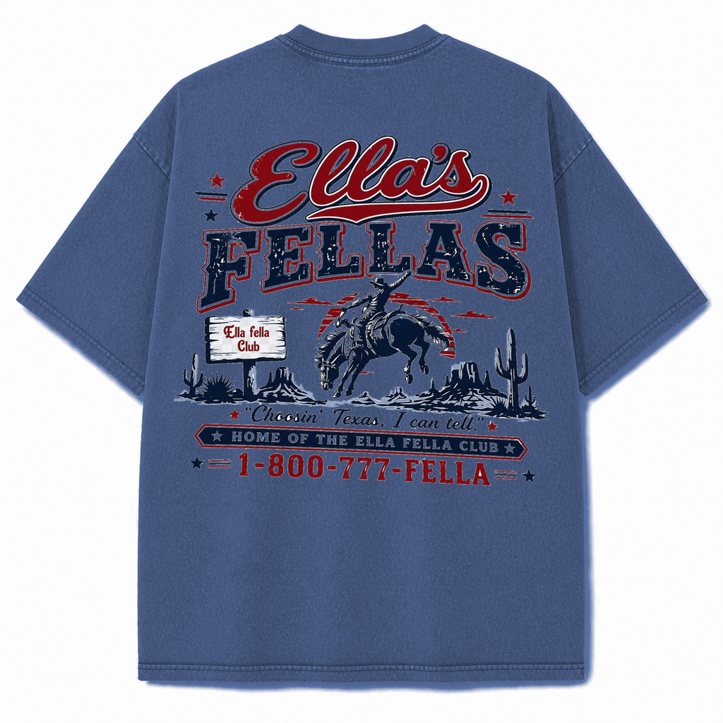 Ella's Fellas Texas Rodeo Vintage Washed Heavyweight Graphic Tee in Blue, back view