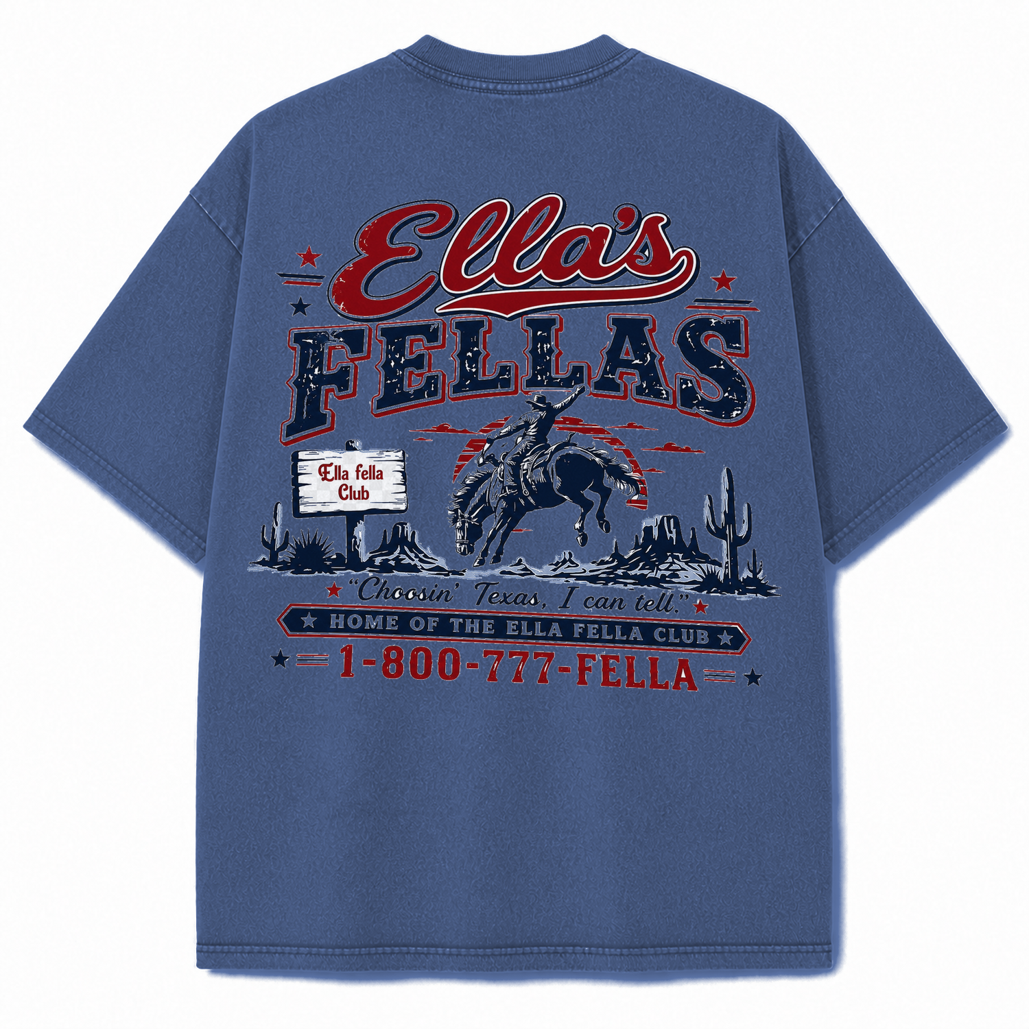 Ella's Fellas Texas Rodeo Vintage Washed Heavyweight Graphic Tee in Blue, back view
