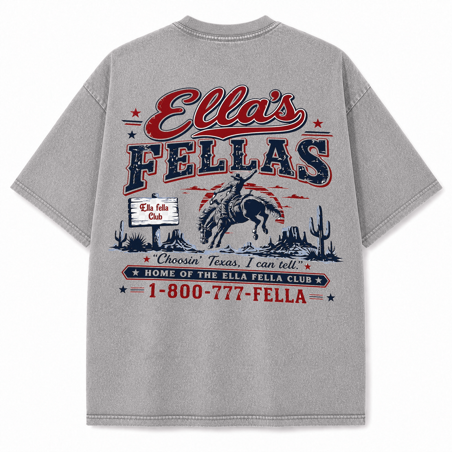 Ella's Fellas Texas Rodeo Vintage Washed Heavyweight Graphic Tee in Light Gray, back view