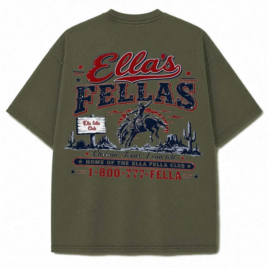 Ella's Fellas Texas Rodeo Vintage Washed Heavyweight Graphic Tee in Military Green, back view