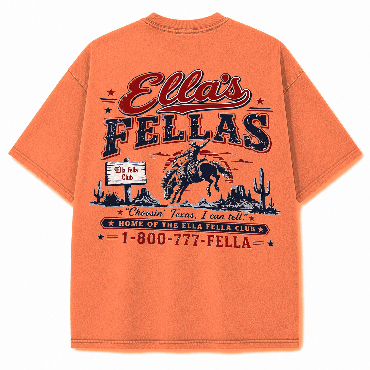 Ella's Fellas Texas Rodeo Vintage Washed Heavyweight Graphic Tee in Orange, back view