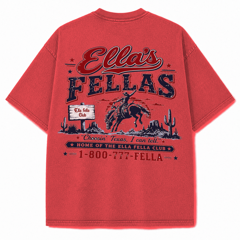 Ella's Fellas Texas Rodeo Vintage Washed Heavyweight Graphic Tee in Red, back view