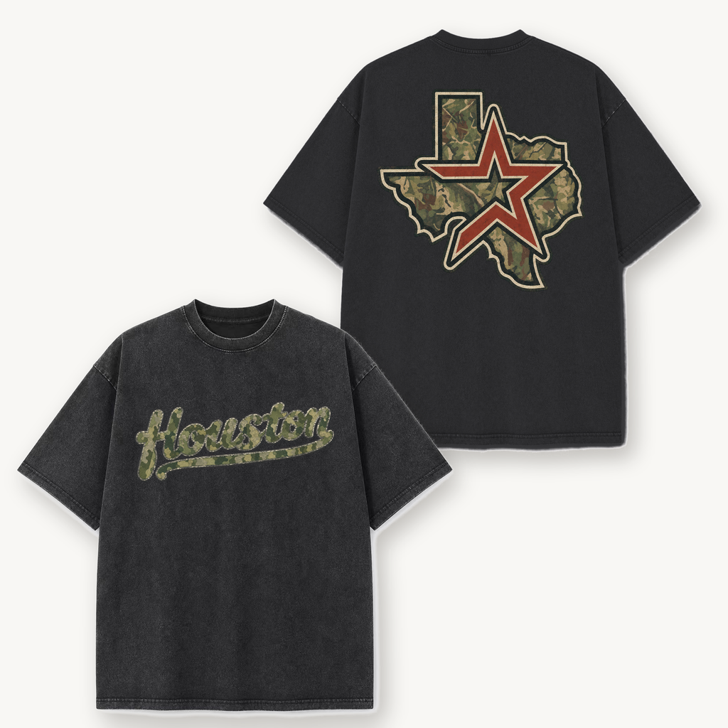 Vintage Washed Houston Camo Double-Sided Heavyweight Graphic Tee in Vintage Washed Heavyweight T-Shirt, Washed Black front an