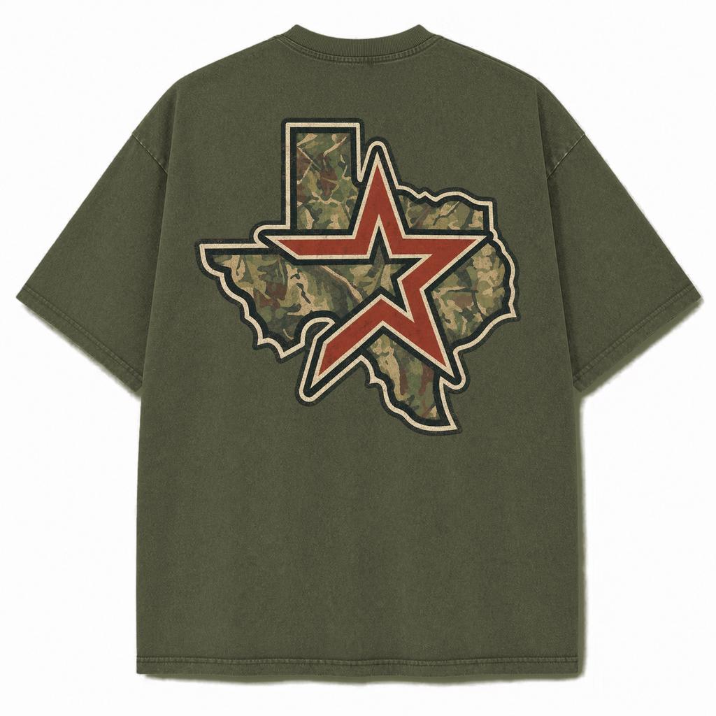 Vintage Washed Houston Camo Double-Sided Heavyweight Graphic Tee in Vintage Washed Heavyweight T-Shirt, Olive Green, back vie