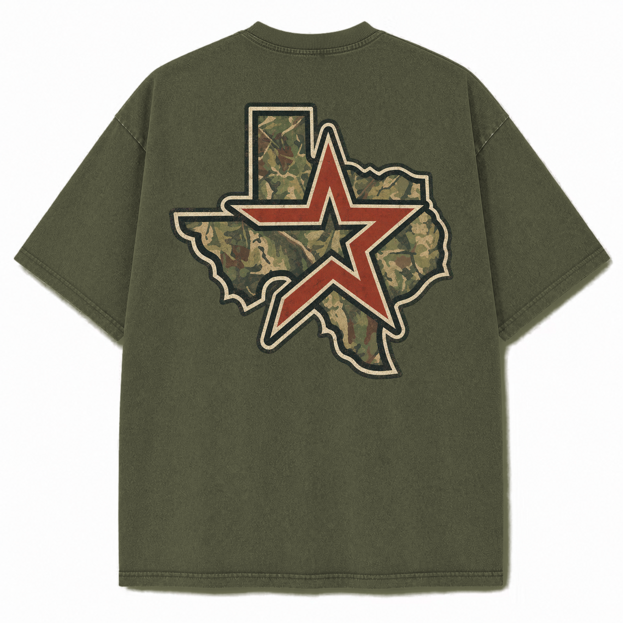 Vintage Washed Houston Camo Double-Sided Heavyweight Graphic Tee in Vintage Washed Heavyweight T-Shirt, Olive Green, back vie