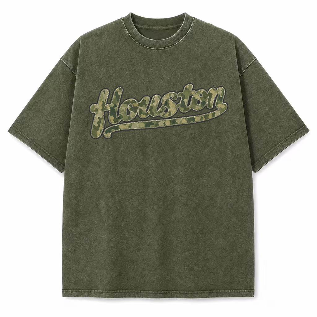 Vintage Washed Houston Camo Double-Sided Heavyweight Graphic Tee in Vintage Washed Heavyweight T-Shirt, Olive Green, front vi