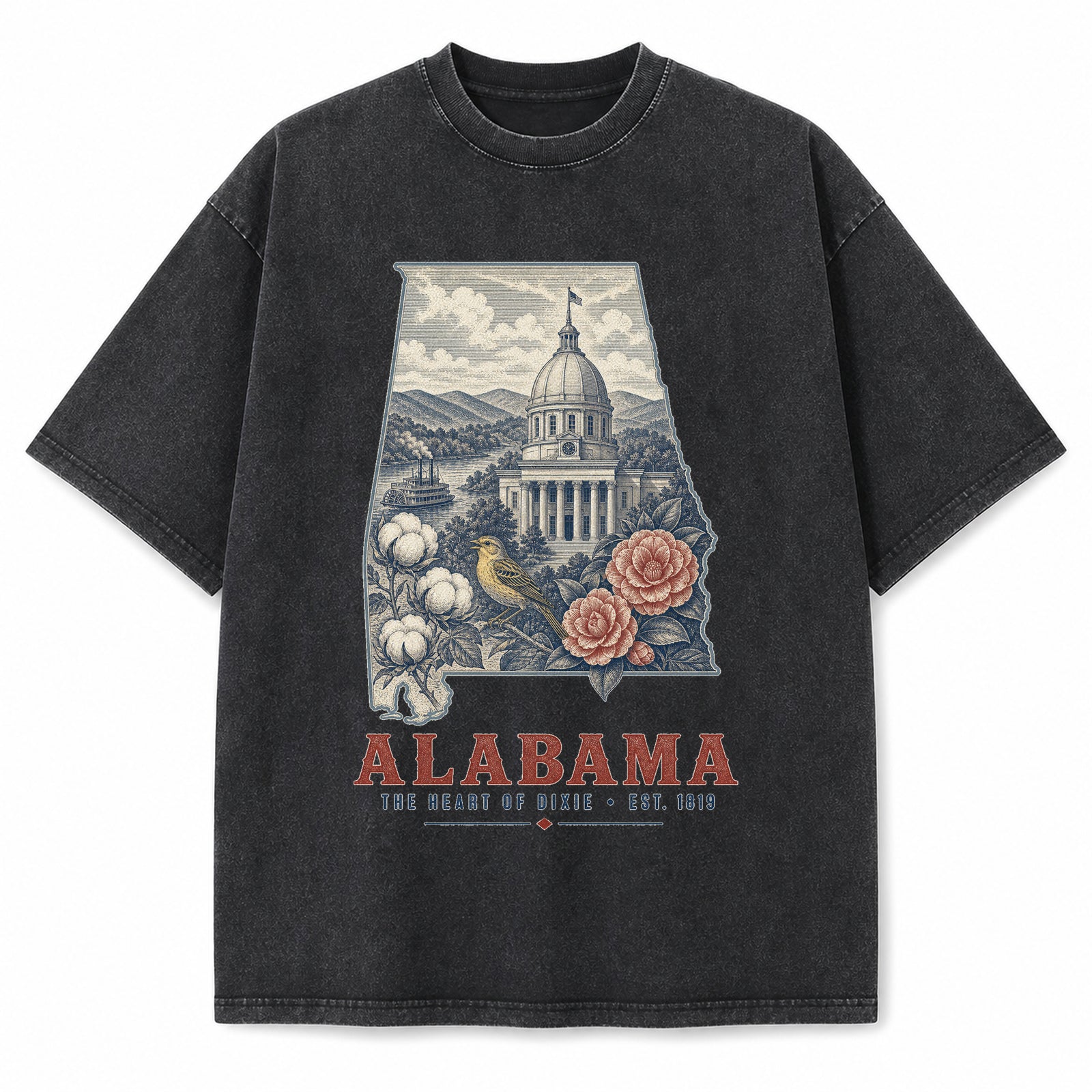 Vintage Washed Alabama Yellowhammer Graphic Tee in Black, front view on a white background