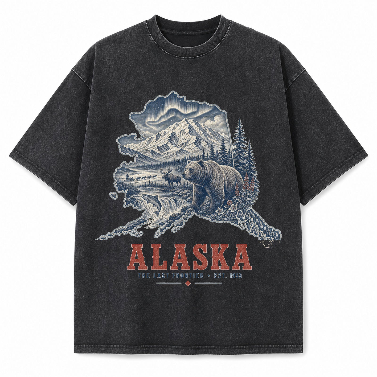 Vintage Washed Alaska Grizzly Bear Graphic Tee in Black, front view on a white background