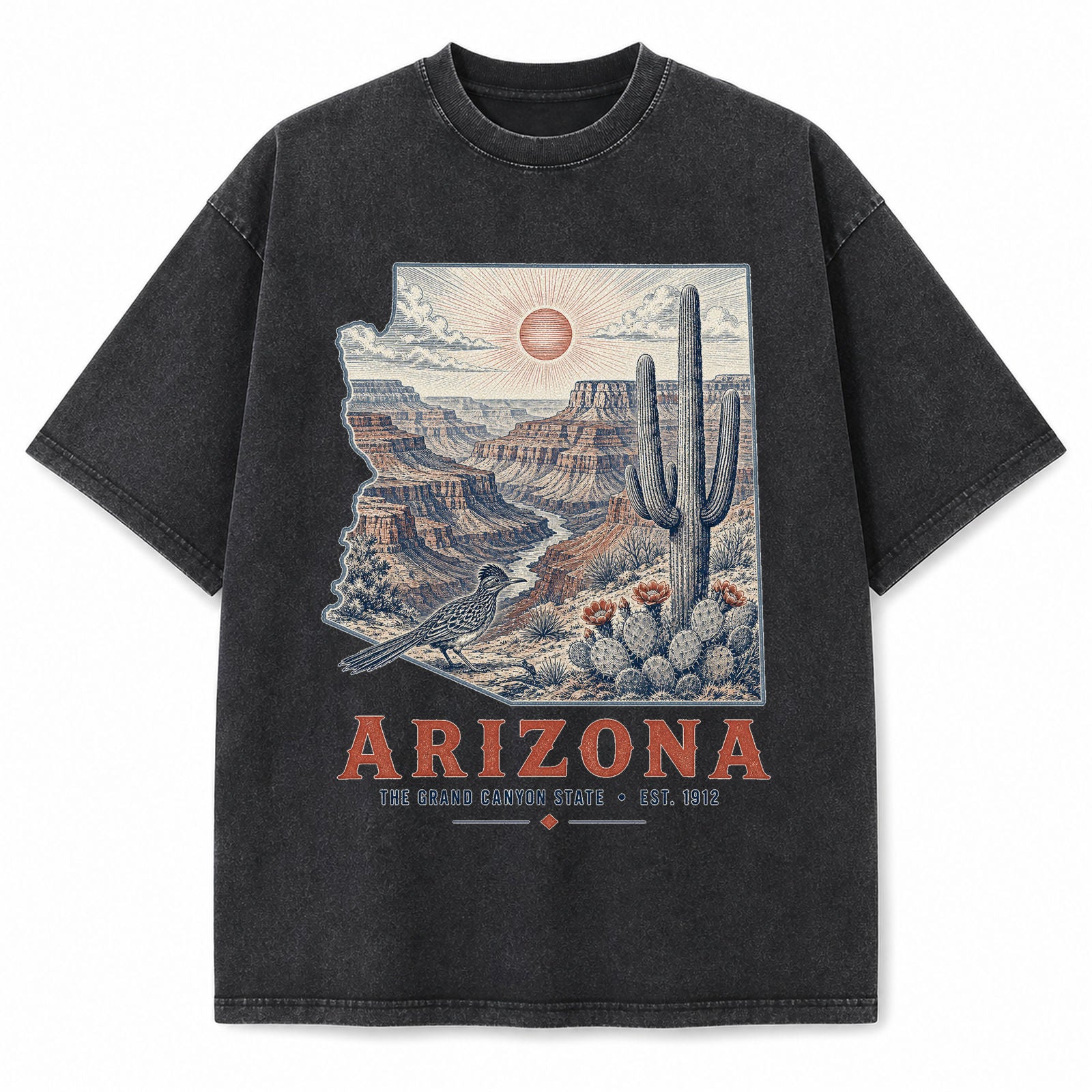 Vintage Washed Arizona Saguaro Graphic Tee in Black, front view on a white background