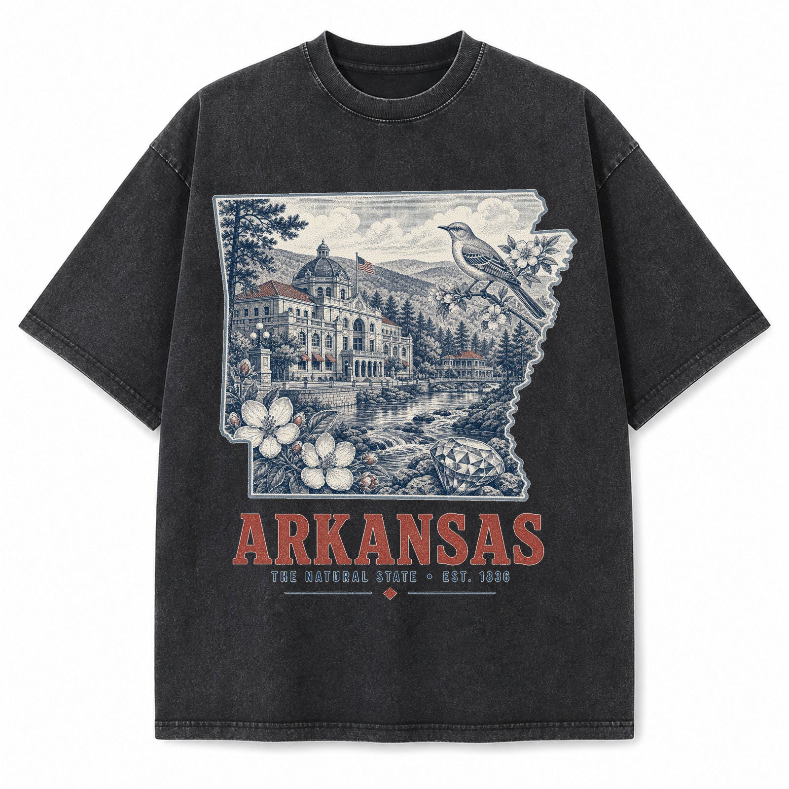 Vintage Washed Arkansas Mockingbird Graphic Tee in Black, front view on a white background