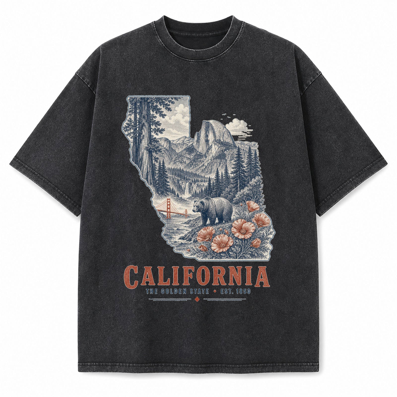 Vintage Washed California Yosemite Bear Graphic Tee in Black, front view on a white background