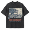 Vintage Washed Connecticut Lighthouse Graphic Tee in Black, front view on a white background