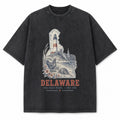 Vintage Washed Delaware Lighthouse Graphic Tee in Black, front view on a white background