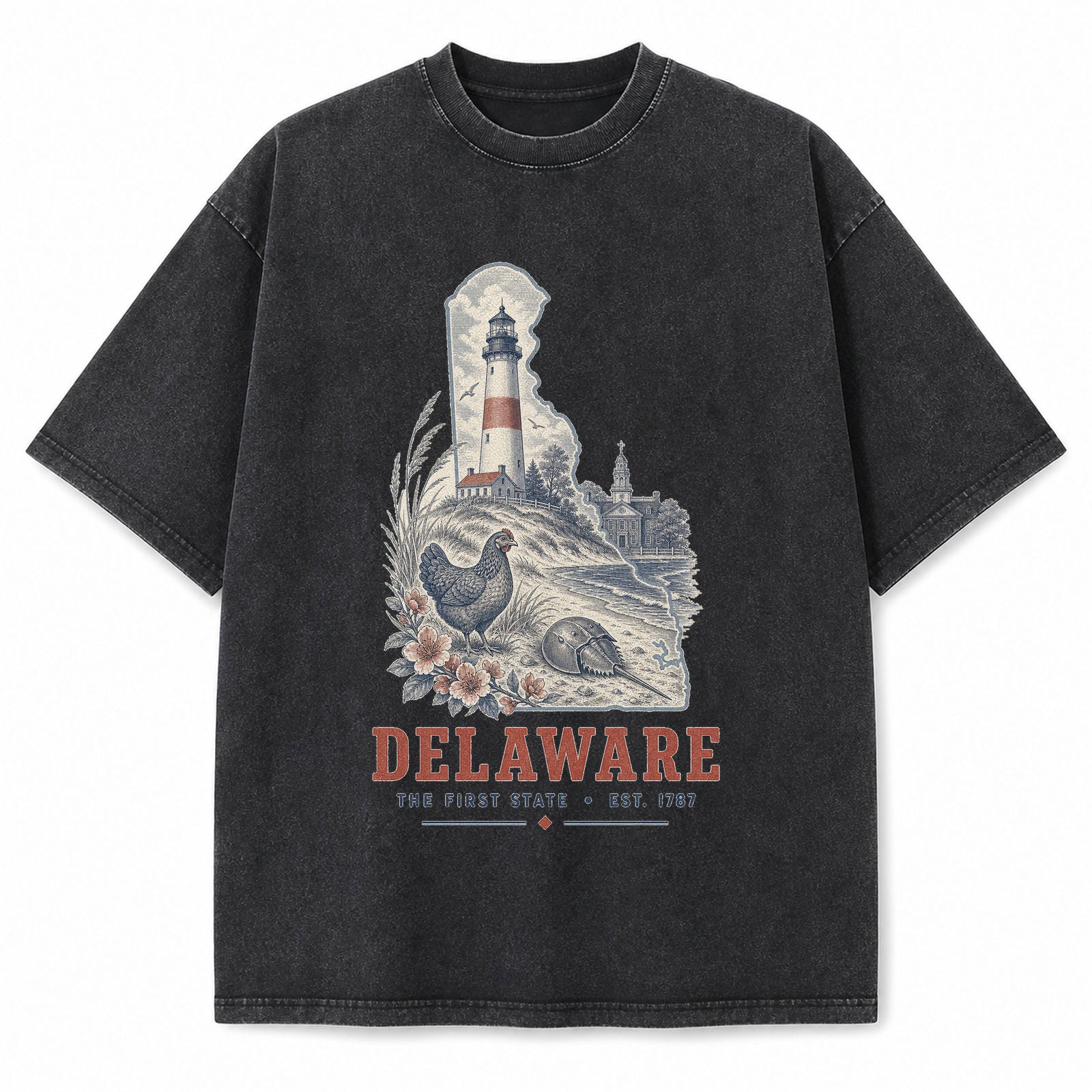 Vintage Washed Delaware Lighthouse Graphic Tee in Black, front view on a white background
