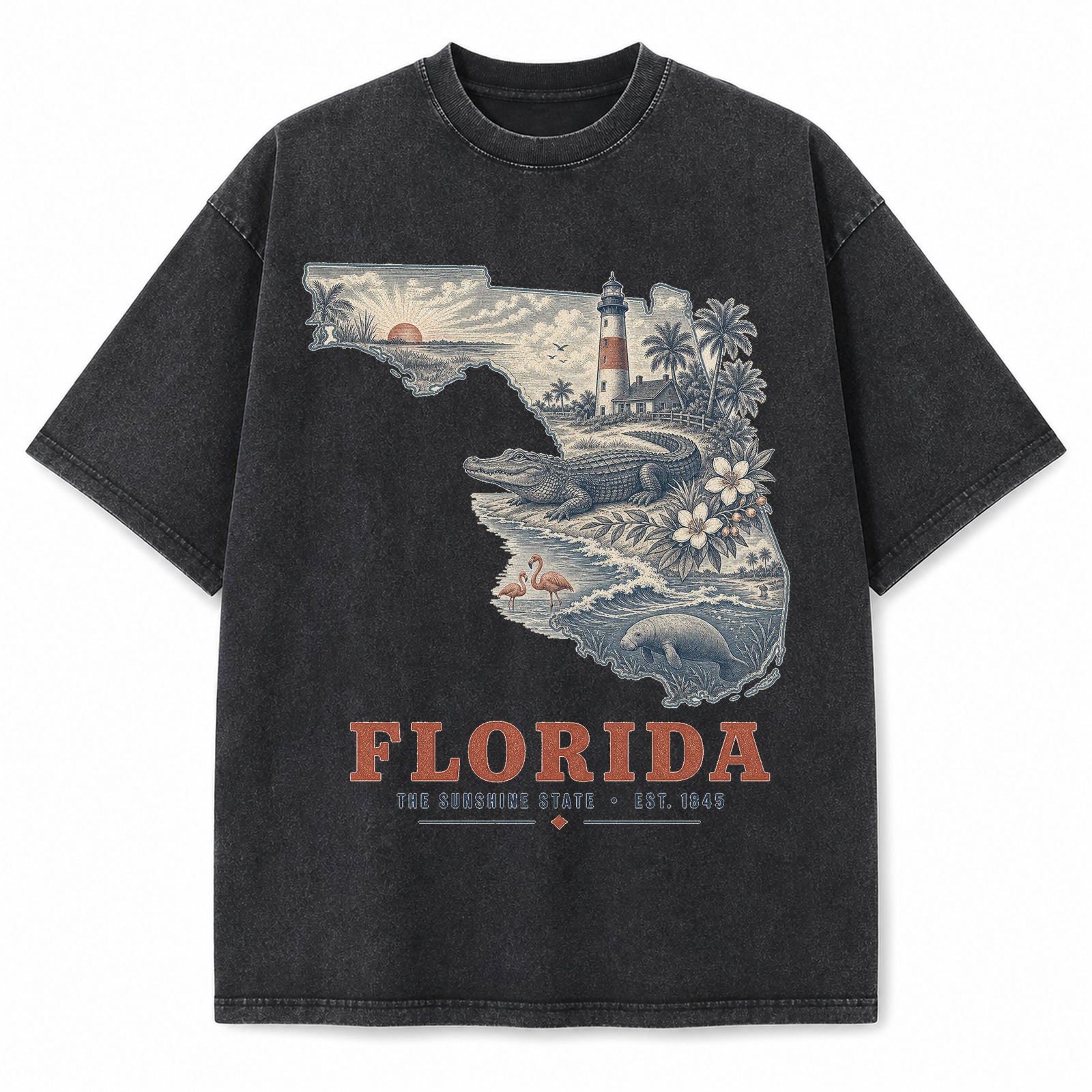 Vintage Washed Florida Coastal Graphic Tee in Black, front view on a white background