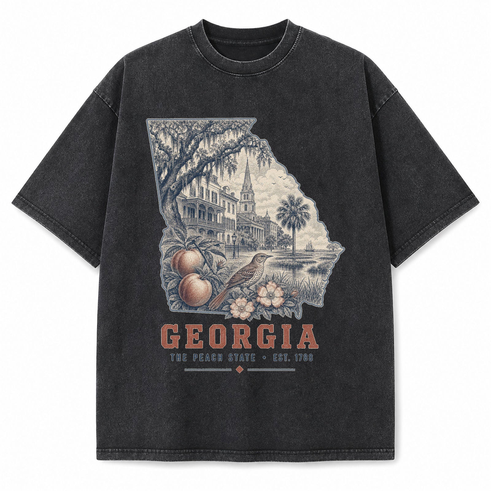 Vintage Washed Georgia Peach Graphic Tee in Black, front view on a white background