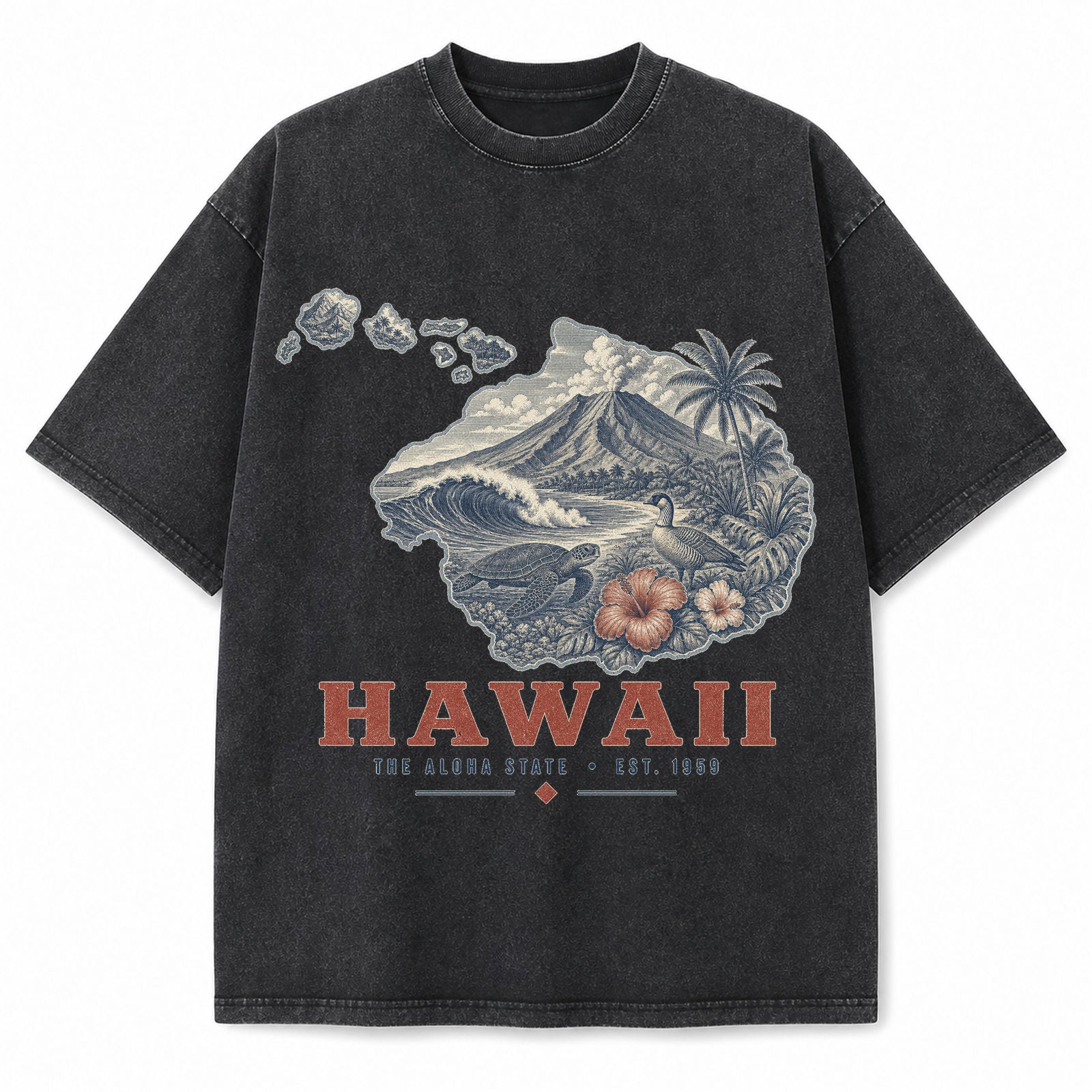 Vintage Washed Hawaii Volcano Graphic Tee in Black, front view on a white background
