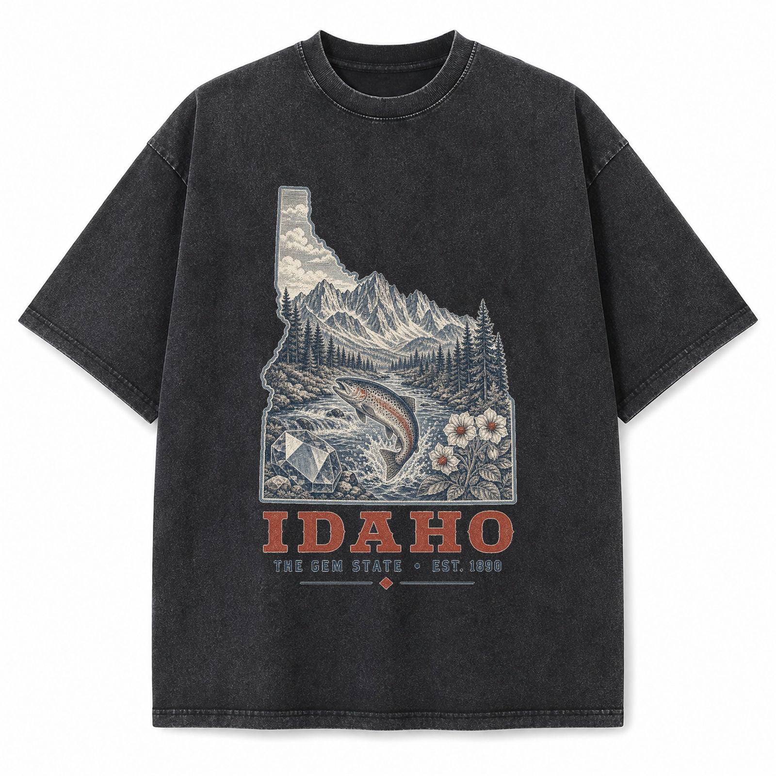 Vintage Washed Idaho Mountain Graphic Tee in Black, front view on a white background
