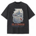 Vintage Washed Illinois Chicago Skyline Graphic Tee in Black, front view on a white background