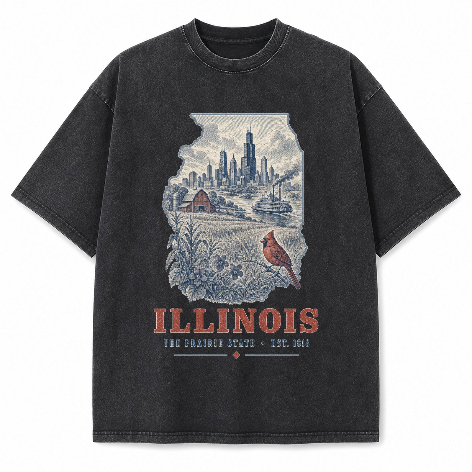 Vintage Washed Illinois Chicago Skyline Graphic Tee in Black, front view on a white background