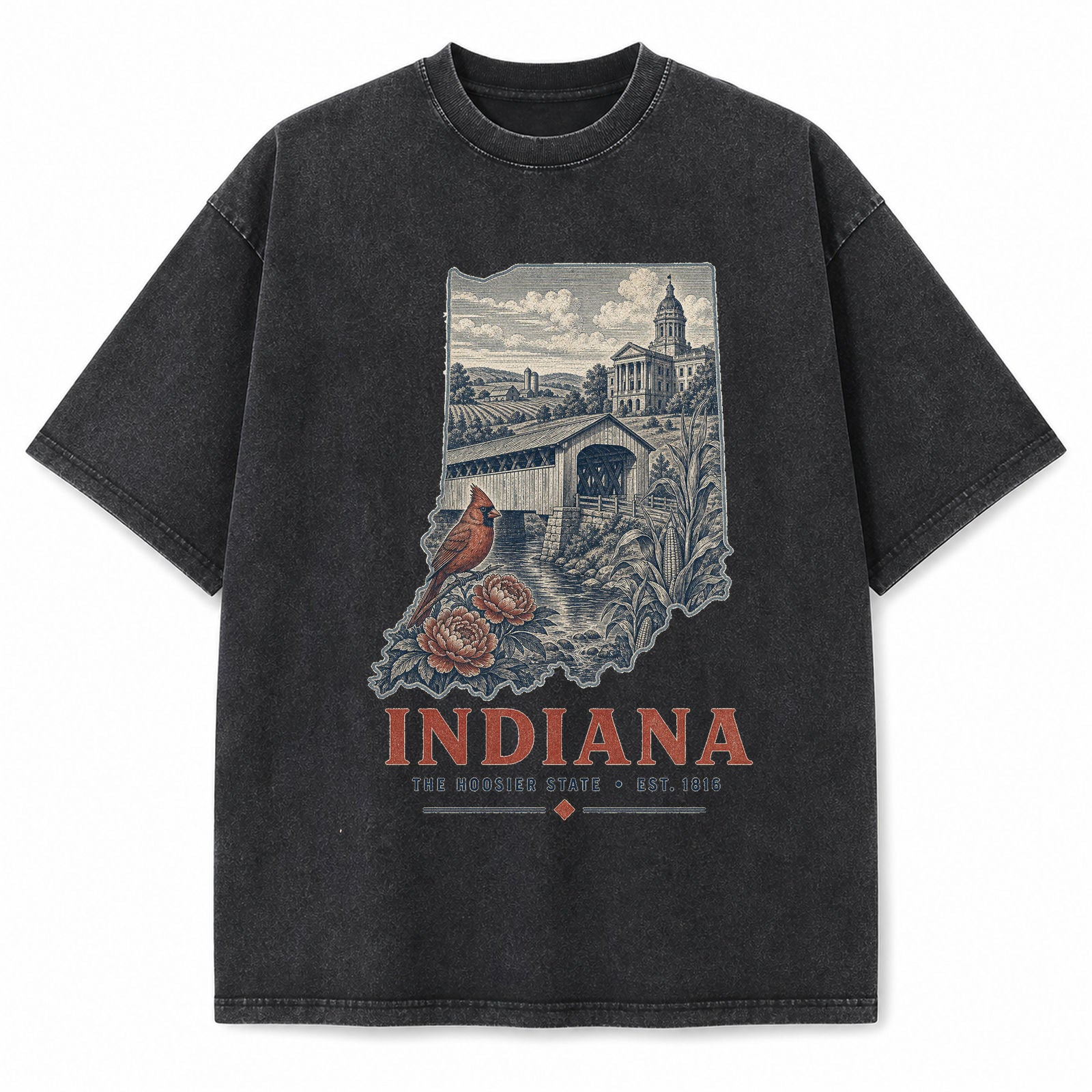 Vintage Washed Indiana Covered Bridge Graphic Tee in Black, front view on a white background
