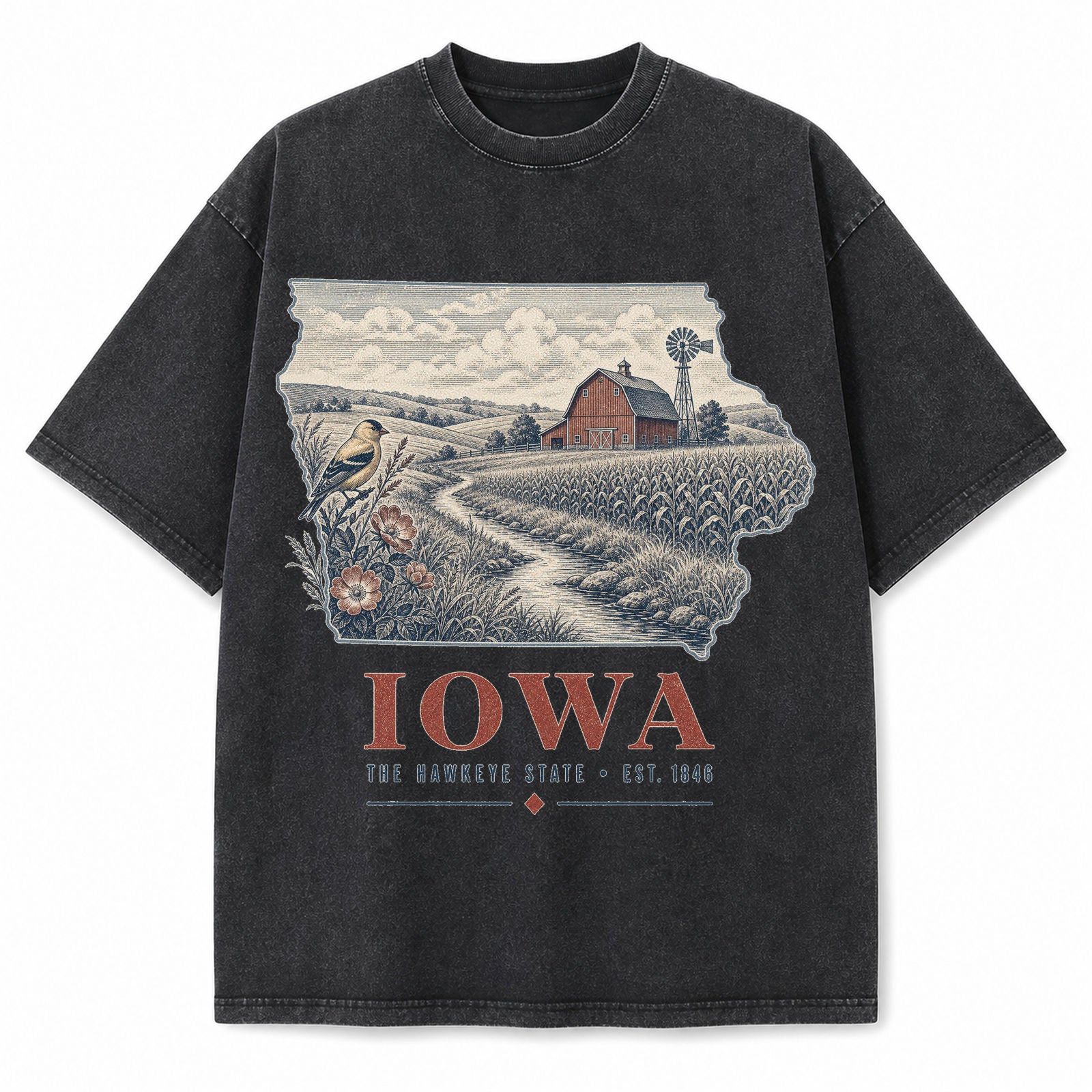 Vintage Washed Iowa Farm Graphic Tee in Black, front view on a white background