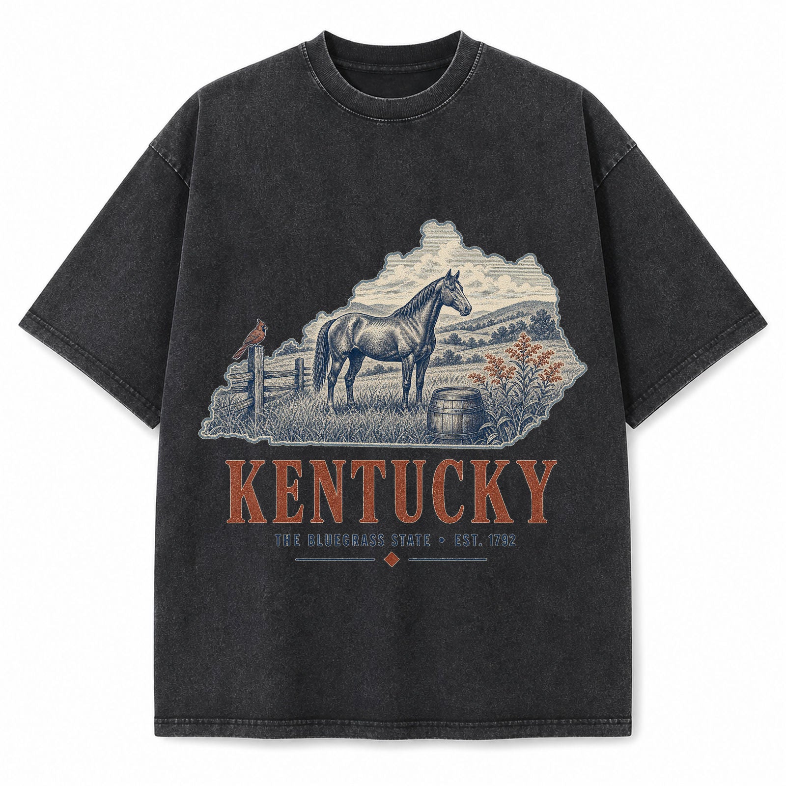 Vintage Washed Kentucky Horse Graphic Tee in Black, front view on a white background