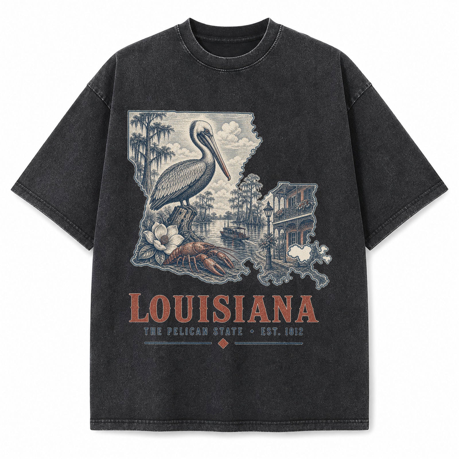 Vintage Washed Louisiana Pelican Graphic Tee in Black, front view on a white background