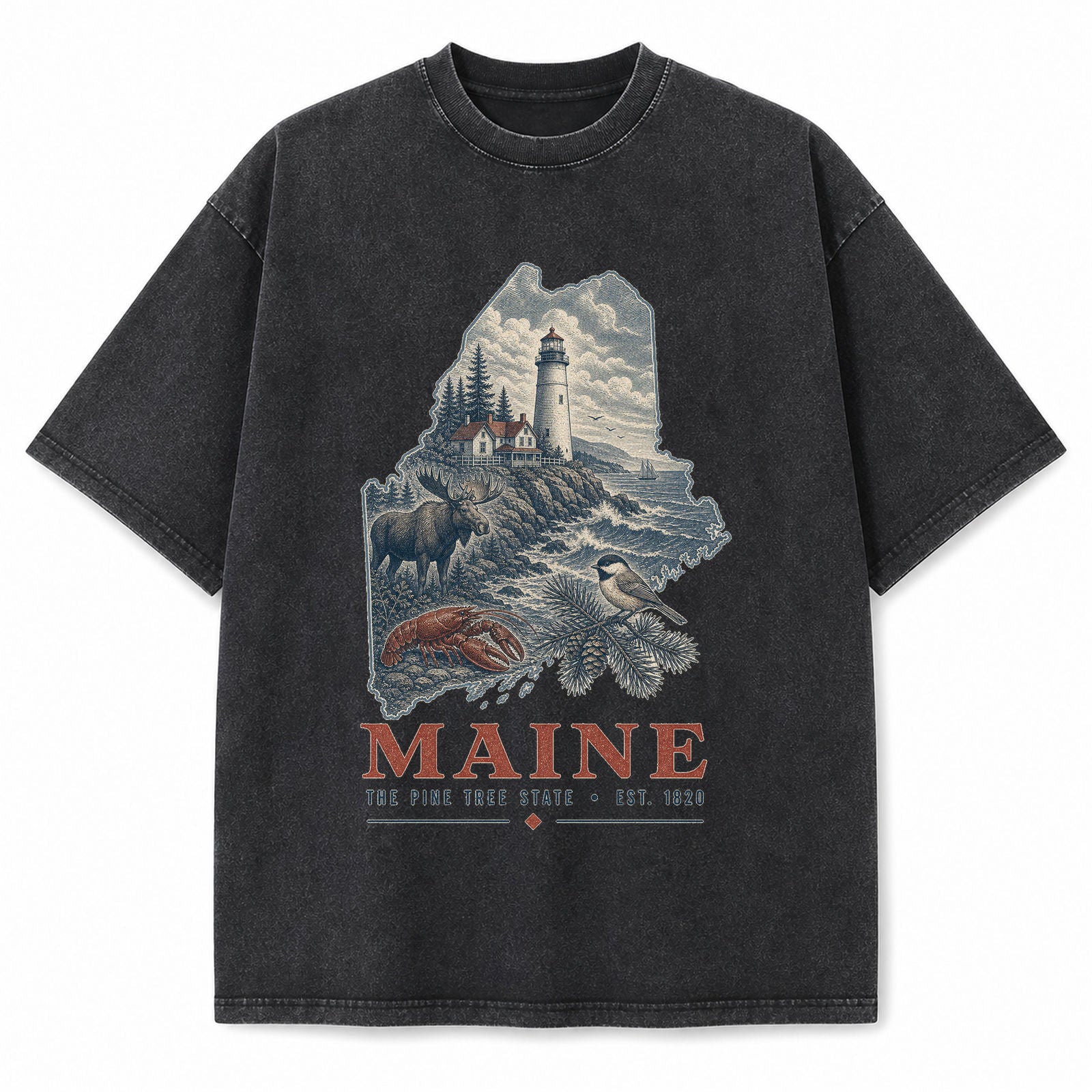 Vintage Washed Maine Lighthouse Graphic Tee in Black, front view on a white background