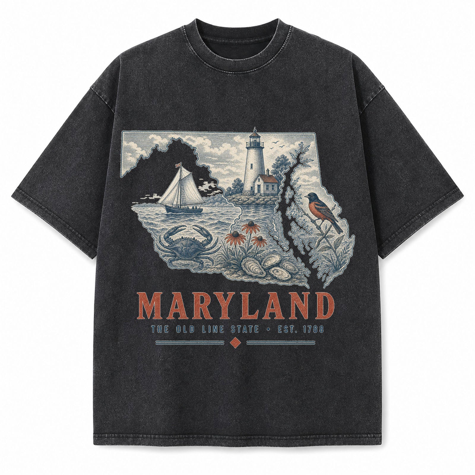 Vintage Washed Maryland Chesapeake Graphic Tee in Black, front view on a white background