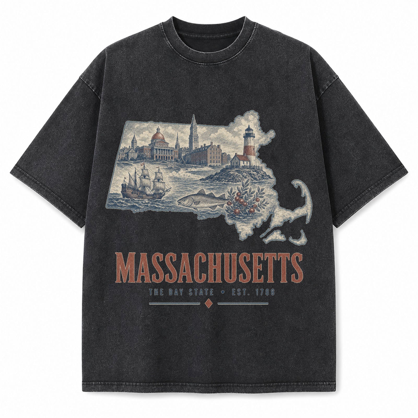 Vintage Washed Massachusetts Coastal Graphic Tee in Black, front view on a white background