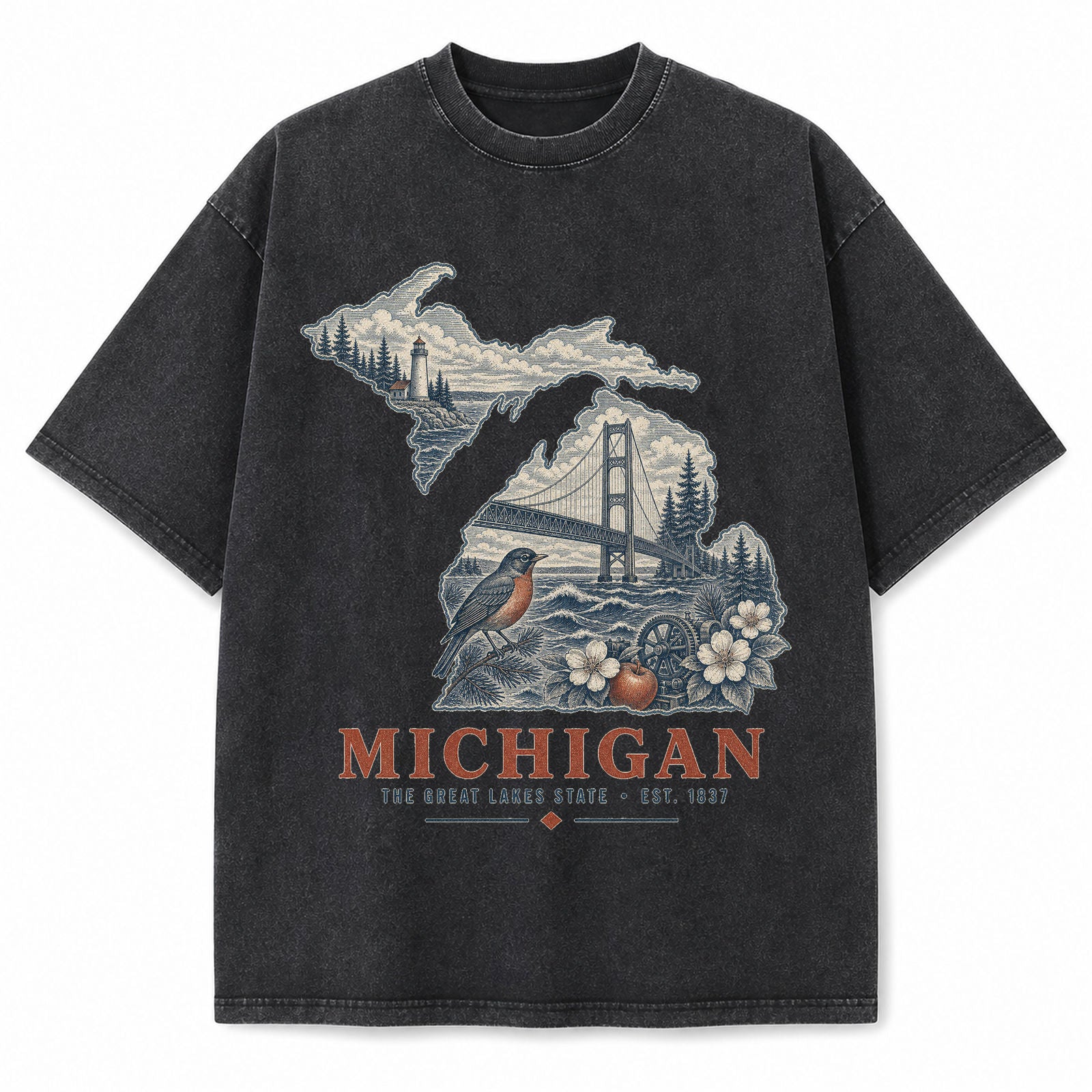 Vintage Washed Michigan Great Lakes Graphic Tee in Black, front view on a white background