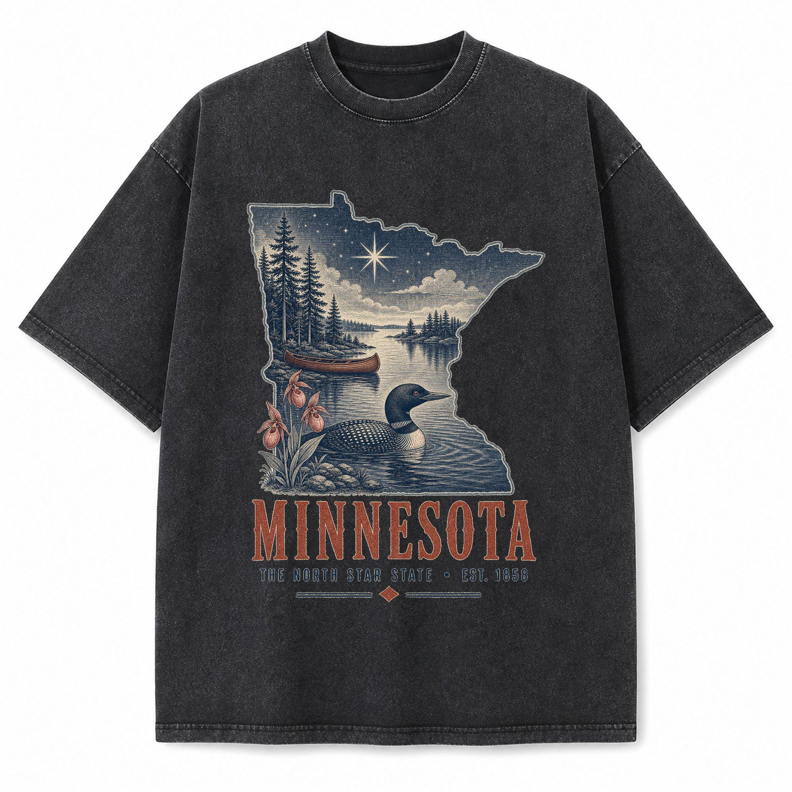 Vintage Washed Minnesota Loon Graphic Tee in Black, front view on a white background
