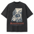 Vintage Washed Mississippi Riverboat Graphic Tee in Black, front view on a white background