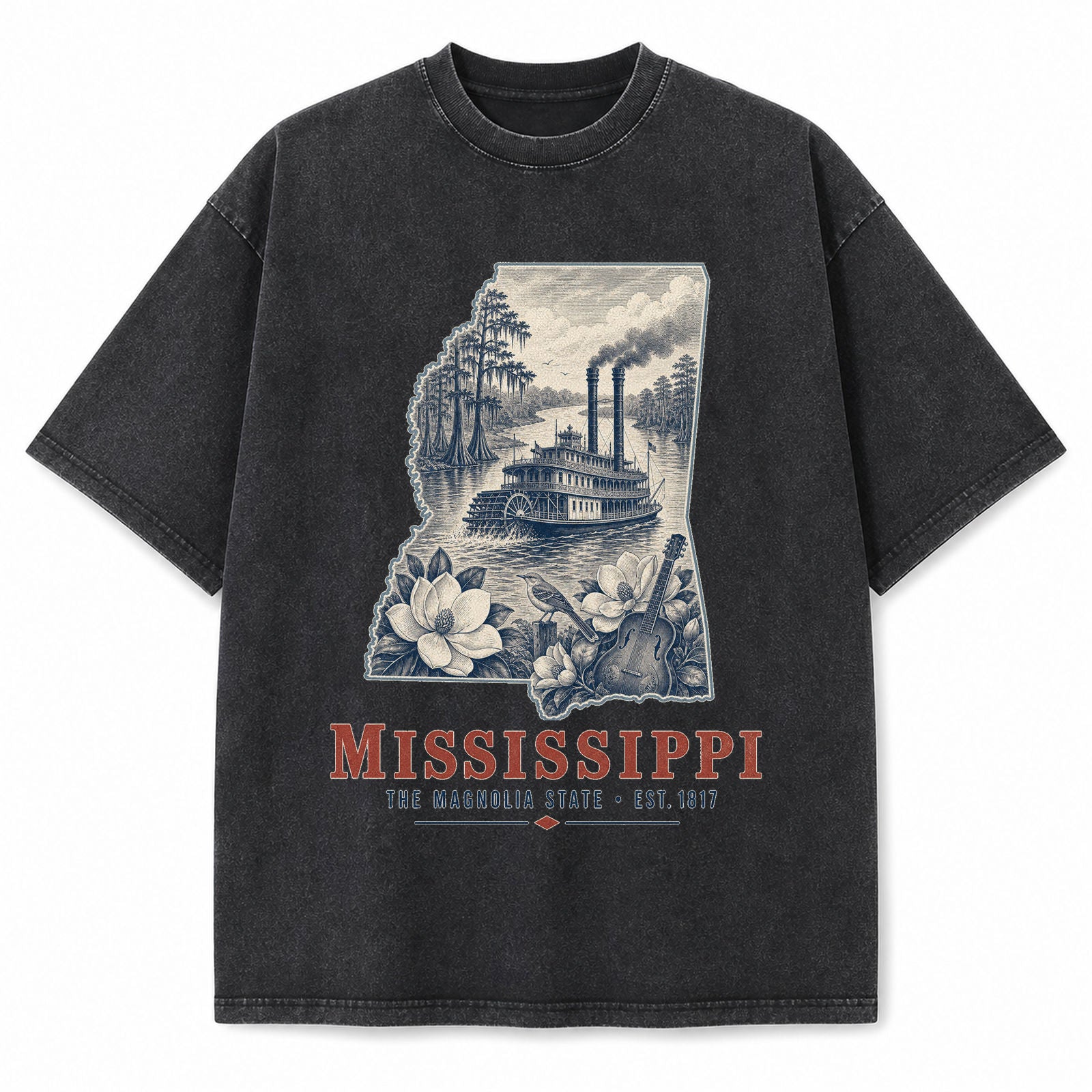 Vintage Washed Mississippi Riverboat Graphic Tee in Black, front view on a white background